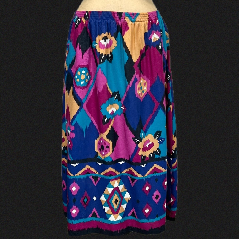 VINTAGE 80s bold Aztec tribal abstract midi skirt elastic waist multicolor artsy
